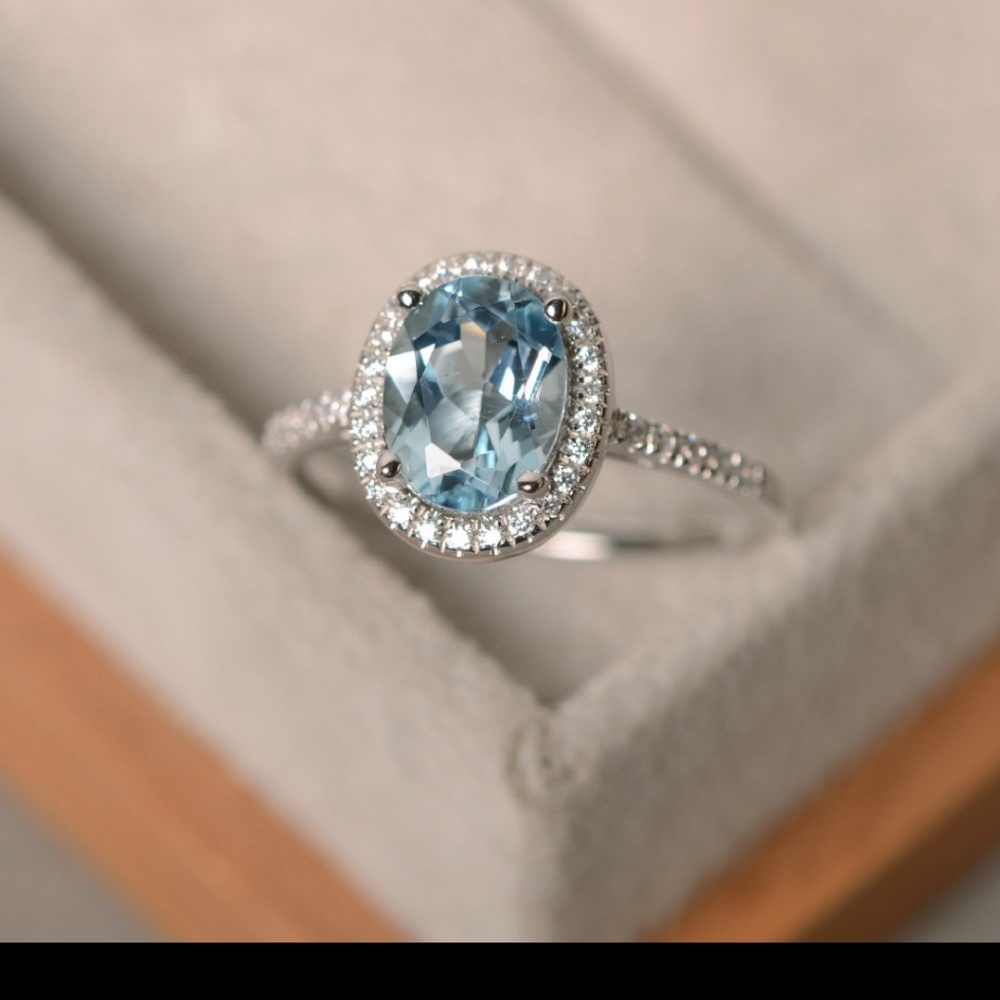 Aquamarine halo ring, size 5.5